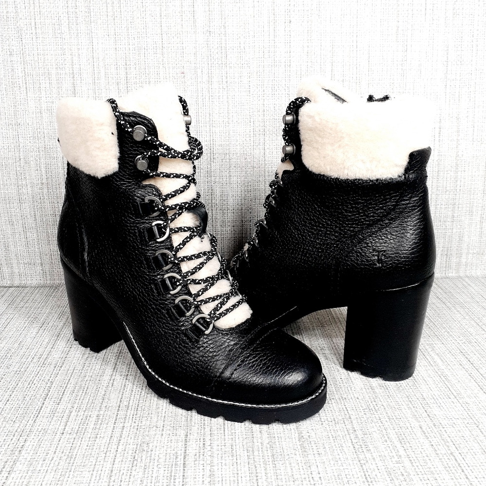 Frye Black Leather Shearling-Lined Lace-Up Ankle Boots